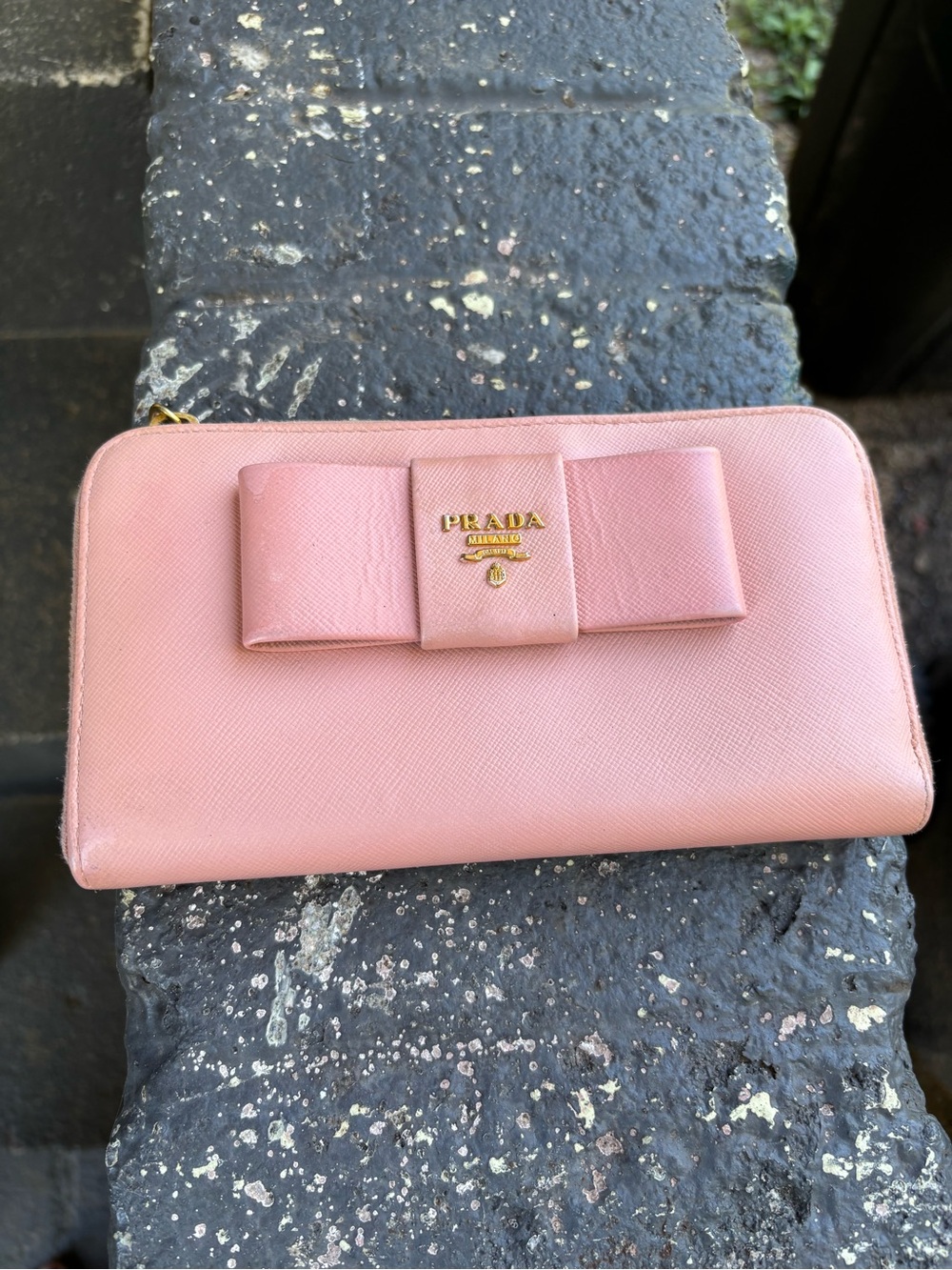 Prada Pink Saffiano Leather Bow Zip Wallet with Gold Logo